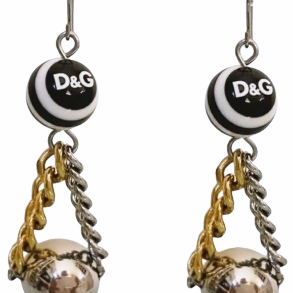 D&G DOLCE & GABBANA NEW Striped Black and White Steel Ball Chain Earrings - Picture 1 of 16